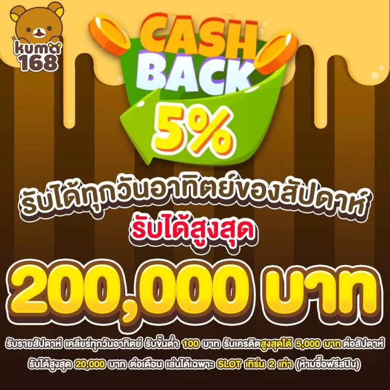 Cash Back หรือ คืนยอดเสีย 5% ของ Kuma168 รับได้สูงสุด 200K